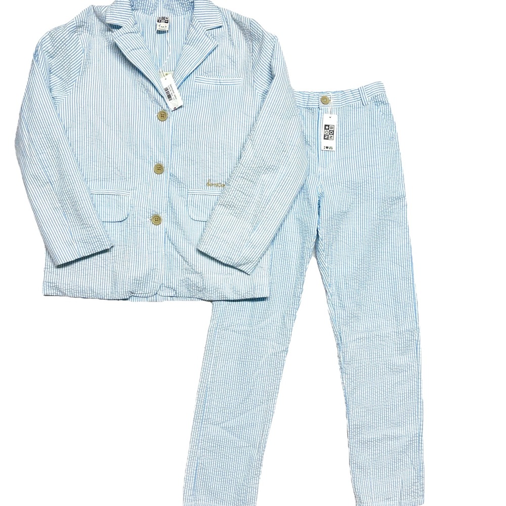 NEW Bonton Boys Seersucker Suit Set 12Y Blue Stripe Blazer Jacket Pants Designer